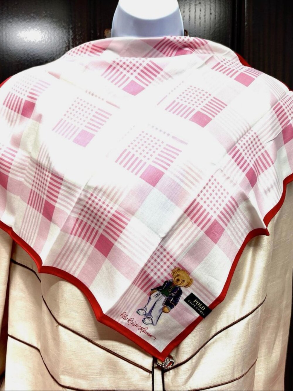 Polo Ralph Lauren Handkerchief /Mini Scarf 19" pink white check with bear(84) - Picture 14 of 14